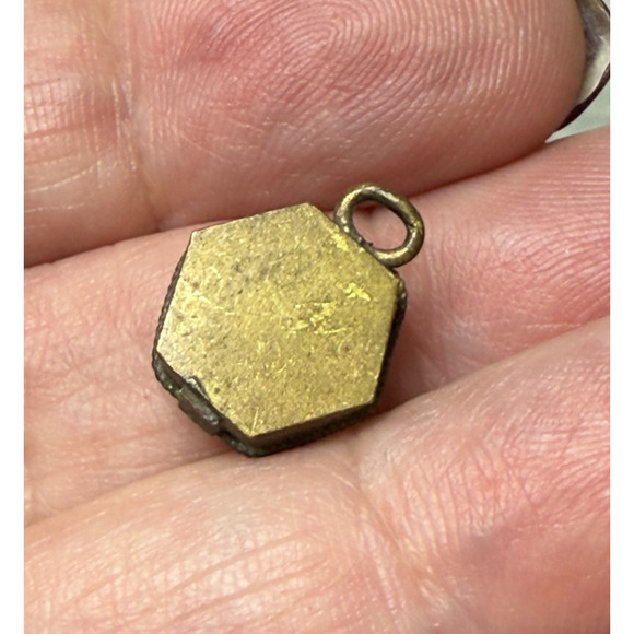 Antique Brass Tone Italy Micro Mosaic Multi-Color Small Flower Hexagon Pendant - Picture 2 of 4
